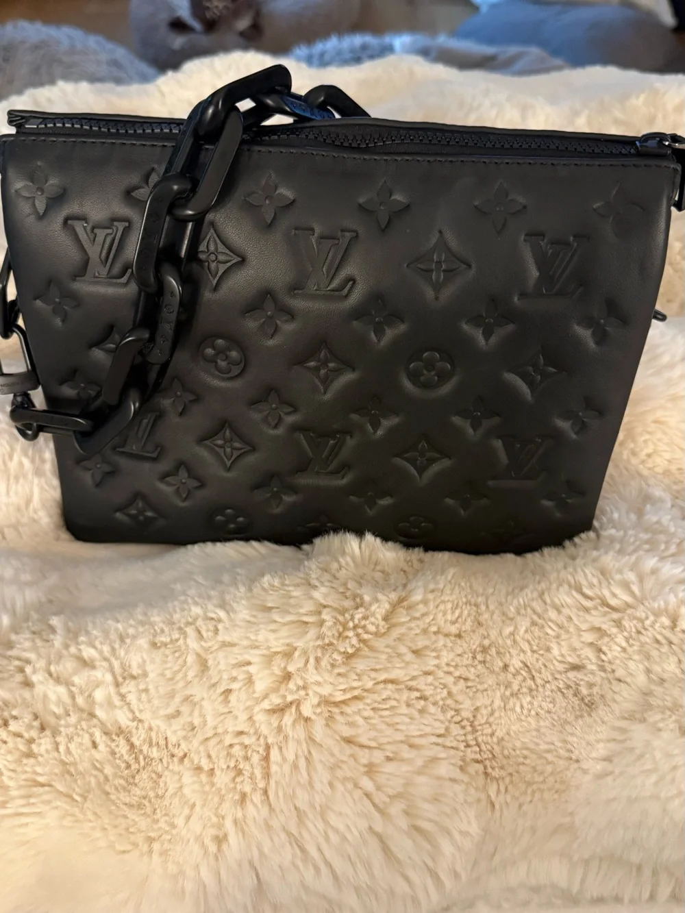 New Flawless Matte Black LV Monogram Coussin PM Bag w/ monochromatic Chain